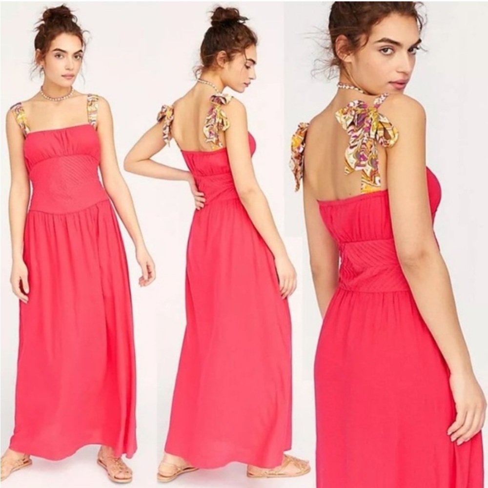 FREE PEOPLE Santorini Shoulder Tie Maxi Dress Hot Hibiscus Linen Blend S…